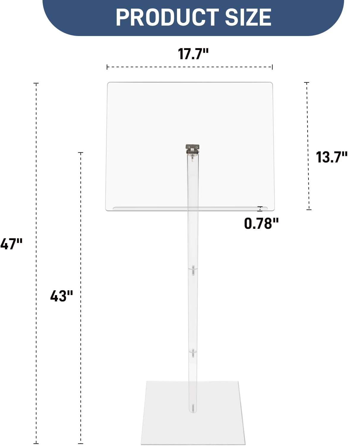 Trmullory Acrylic Podium Stand Angle Adjustable 17.7" L x 13.7" W x 47" H Clear Podium Suitable Pulpit Podium for Concerts、Churches、classrooms、lectures、 Weddings Portable Podium