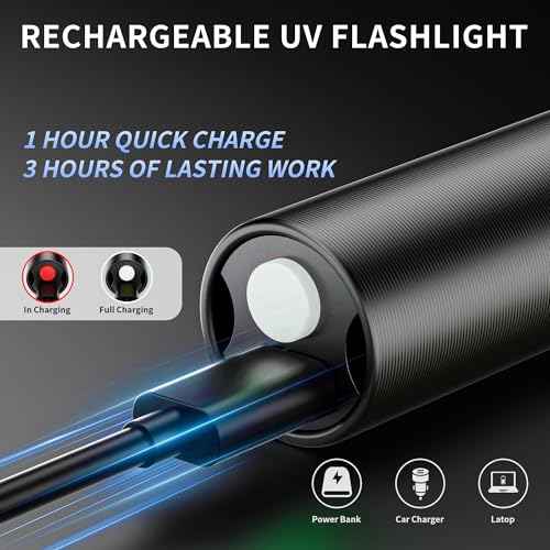 Black Light UV Light, 395nm Mini Powerful Rechargeable UV Flashlight, USB-C Ultraviolet Blacklight Flashlight, Portable Pet Urine Detector for Resin Curing, Uranium Glass, Rocks, Scorpion