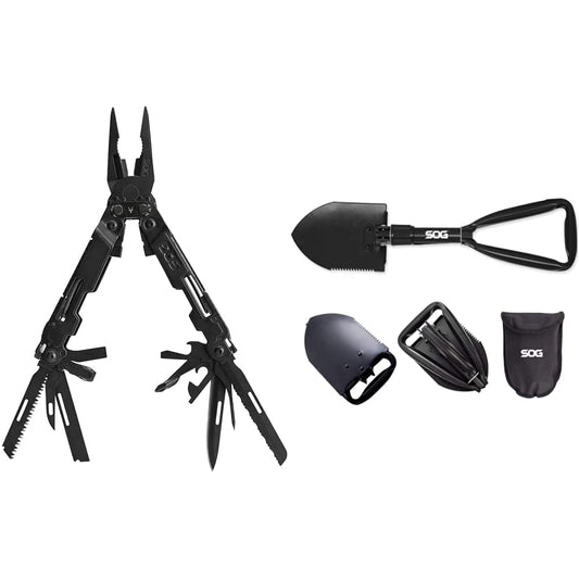 SOG PA2002-CP PowerAccess Deluxe Multi-Tool, Black & SOG Entrenching Tool- 18.25 Inch Folding Survival Shovel with Wood Saw Edge and Tactical Shovel Carry Case- Black (F08-N)