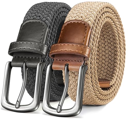 Men's Stretch Woven Braided Web Golf Belt 30-34 Inch Adjustable Multi-Pack - Beige & Dark Gray