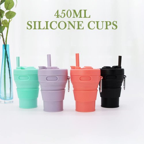 UNNESTAR Silicone Coffee Mug Collapsible Cups for Camping Folding Travel with Straw Reusable Portable Drinking Cups Outdoor Hiking 450ml (Black-450ml, 1)