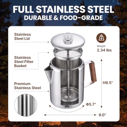 Large Capacity Stainless Steel Coffee Percolator Pot - 12 Cup Silver - Camping & Outdoor