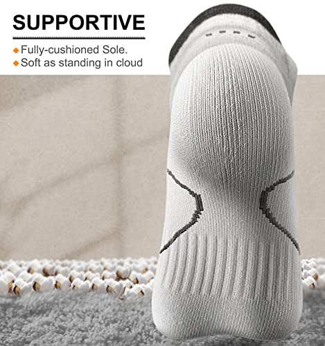 Men's Running Ankle Socks 6 Pack - Cushioned Support Low Cut No Show, White/Black/Gray 10-12