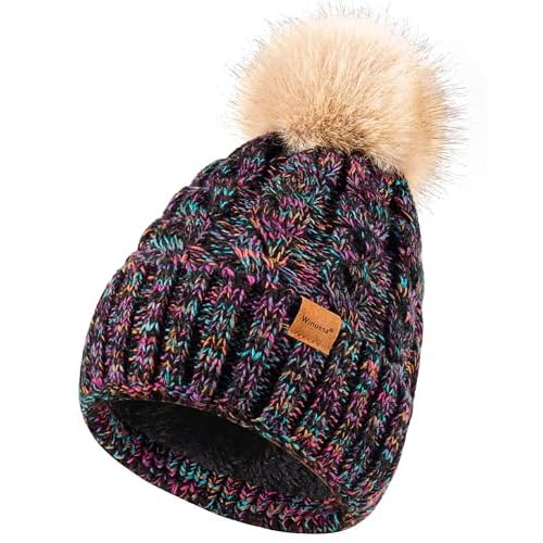 Winuesa Winter Hats for Women with Pom Pom, Womens Beanie Fleece Lined for Cold Weather, Multicolor Ski Skull Cap for Ladies