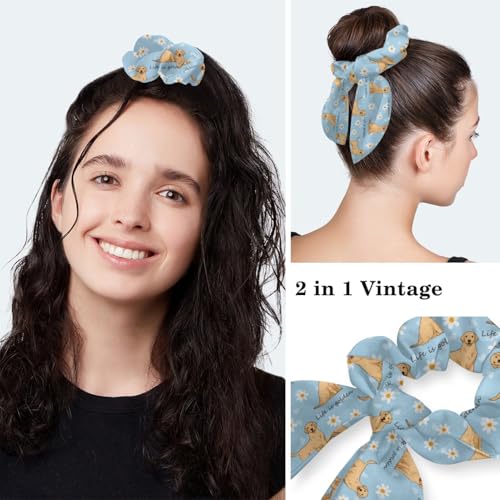Scrub Caps Women, Surgical Caps with Buttons, Ponytail Nurse Hat, Bouffant Scrub Hats with Hair Scrunchy Adjustable, Dogs Golden Retriever Cartoon Animal Cute Summer Daisy Flower Blue