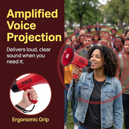 Pyle Rechargeable Bullhorn Megaphone with Voice Recording, AUX, Siren - Deep Red