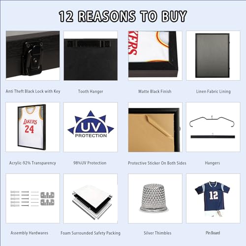 Jersey Frame Display Case - Black Linen Shadow Box for All Sports Jerseys - Standard Pack