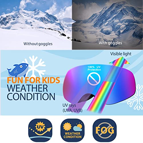 Kids Ski Goggles Rimless Mirrored Lens for Youth Ages 5-14 - Black