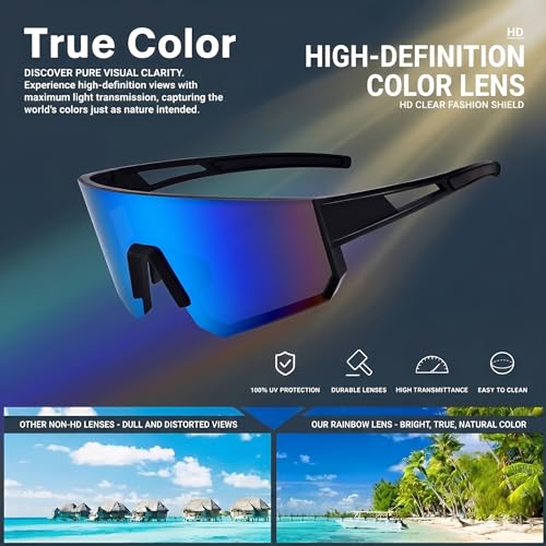 Sports Sunglasses for Men Women Running Cycling UV400 Mirror Lenses 75mm - Black/Blue