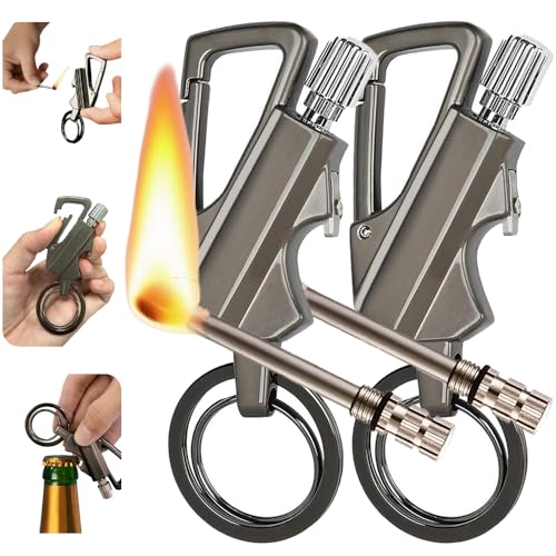 Permanent Match Bottle Opener Metal Keychain Lighter, Reusable Survival Fire Starter Lighter, Emergency Waterproof Striker Stick Kit, Great for Camping, BBQ, and Adventures (GRAY-2Pcs)