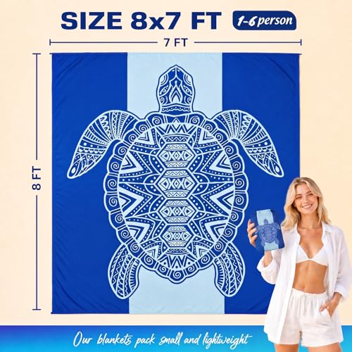 Blue Sea Turtle Beach Blanket Waterproof Sandproof with Stakes & Carry Bag