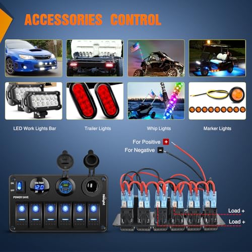 Nilight 6 Gang Rocker Switch Panel with Power Control Blue - 12V/24V