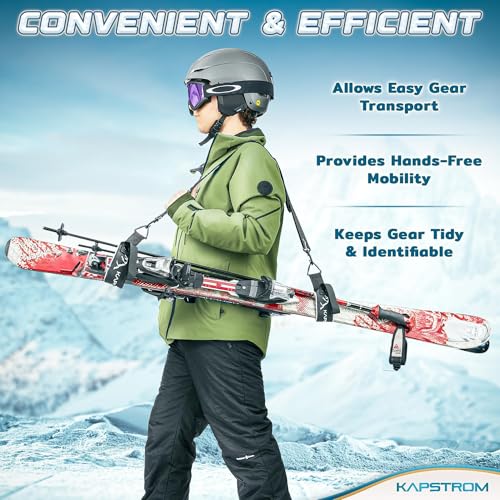 Ski Straps & Pole Carrier - Black - Heavy-Duty with Adjustable Strap Length & Cushioned Shoulder Sling