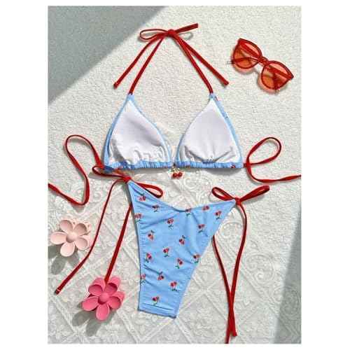 WDIRARA Women's 2 Piece Swimsuit Cherry Print Bikini Set Halter Triangle Bikini Side Tie String Bathing Suits