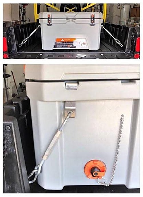 Universal Cooler Lock Brackets: Designed to fit Tie Down Slot of Mid to Large Rotomolded Ice Chests, Compatible with Yeti/RTIC Coolers and Made of Stainless Steel in The U.S.A. (Pair)