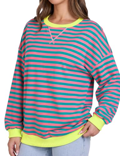 Pink Oversized Striped Sweatshirt for Women - Fall 2026 Crewneck Pullover, X-Large