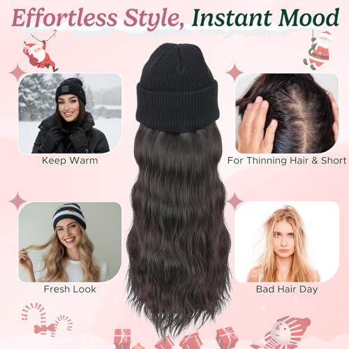 Beanie Wig with Hair - Synthetic Wavy Extensions 18 Inch - Black & Brown Variation