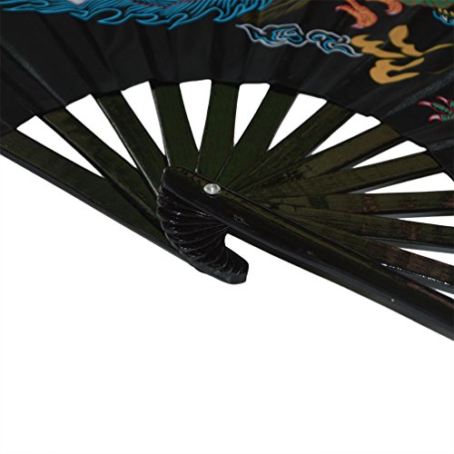 Chinese Kung Fu Tai Chi Fan with Dragon & Phoenix Design - Black Background, Folding Bamboo & Satin Performance Fan (Variation of Dragon And Phoenix Black Background)