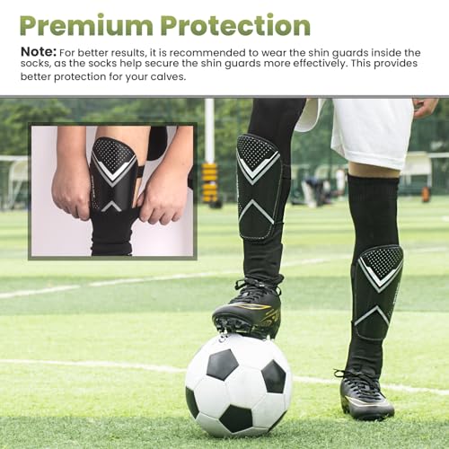 Soccer Shin Guards for Kids & Adults with Ankle Protection - Black, Large