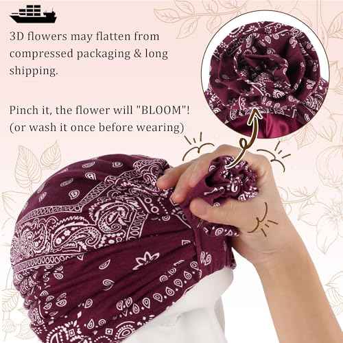 Womens Chemo Headwear Cotton Beanies Satin Lined Bonnet for Sleeping Handmade Flower Turbans for Women