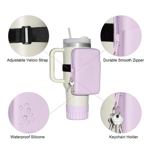 pixideit Accessories for Purple Stanley Cup, Water Bottle Phone Holder, Cup Carrying Strap, Silicone Handle Protector, Tumbler Cup Pouch Bag, Silicone Boot and Straw Cap Cover Set for Stanley