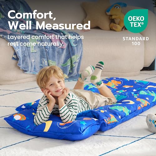 Toddler Nap Mat with Removable Pillow & Minky Blanket - Dark Blue Dinosaur