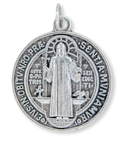 Silver Oxidized St. Benedict Medal Pendant 1.25 Inch Catholic Jewelry - Made in Italy