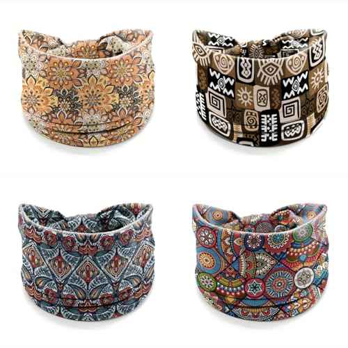 Boho Headbands for Women ? 4 Pack Wide Stretchy Turban Head Wraps, Floral Tribal Print Hair Bands for Yoga, Workout, Travel, Festival Accessories