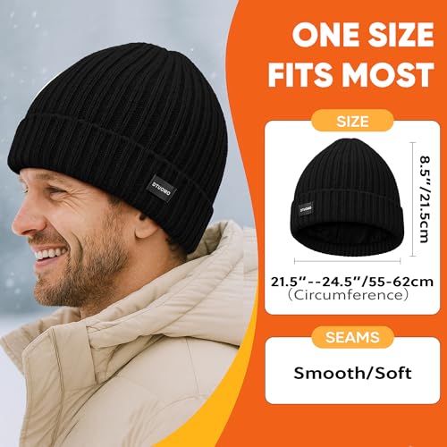 Winter Merino Wool Beanie Hat for Men Women Fleece Lined Knit Cap Black One Size