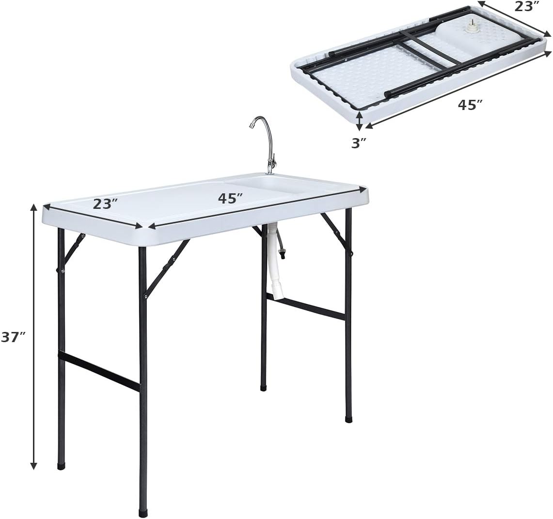 Giantex Fish Cleaning Table, Folding Table with Sink, Faucet and Drain Hose, Portable Outdoor Sink Station with Hose Hook Up, 45"x 23"x 37"