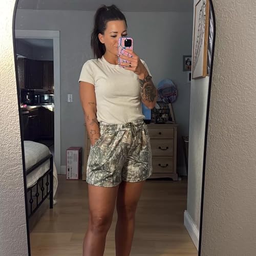 Medium Camo Sweat Shorts for Women Drawstring Elastic Waist Maple Leaf Print Lounge Athletic Shorts with Pockets - JoinQueen