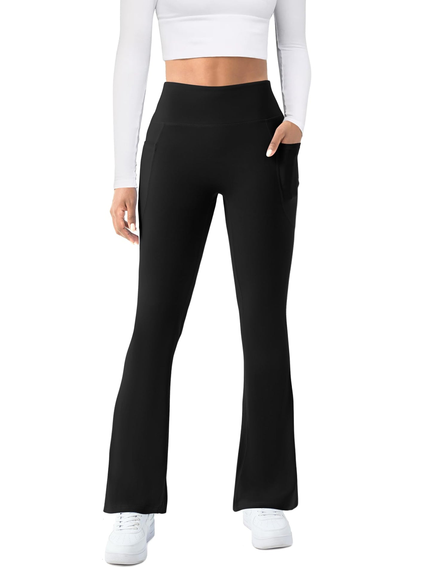 COPYLEAF Womens Yoga Pants with Pockets High Waisted Flare Leggings Bell Bottom Yoga Dress Pants Seamless Bootcut Pants(Black L)