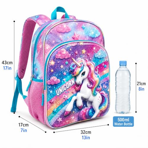 17-Inch Unicorn Backpack for Girls - 3D Holographic Rainbow School Bag - Variation: Unicorn