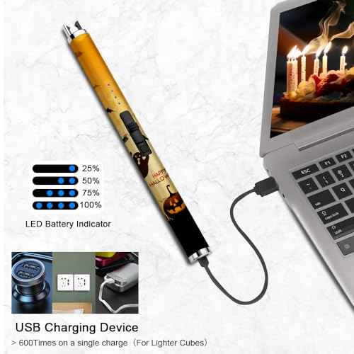 SUPRUS Electric Candle Lighter USB Type C Rechargeable Lighter with Upgraded LED Battery Display Safety Switch Flameless Plasma Windproof for Candle Cooking BBQs Fireworks (Halloween)