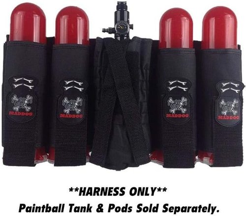 Maddog 4+1 Vertical Paintball Harness Pod Pack with (4) Paintball Pods | Pod Holder Belt with Pouch for up to 88ci. Paintball Tank Bottle | Remote Coil Compatible