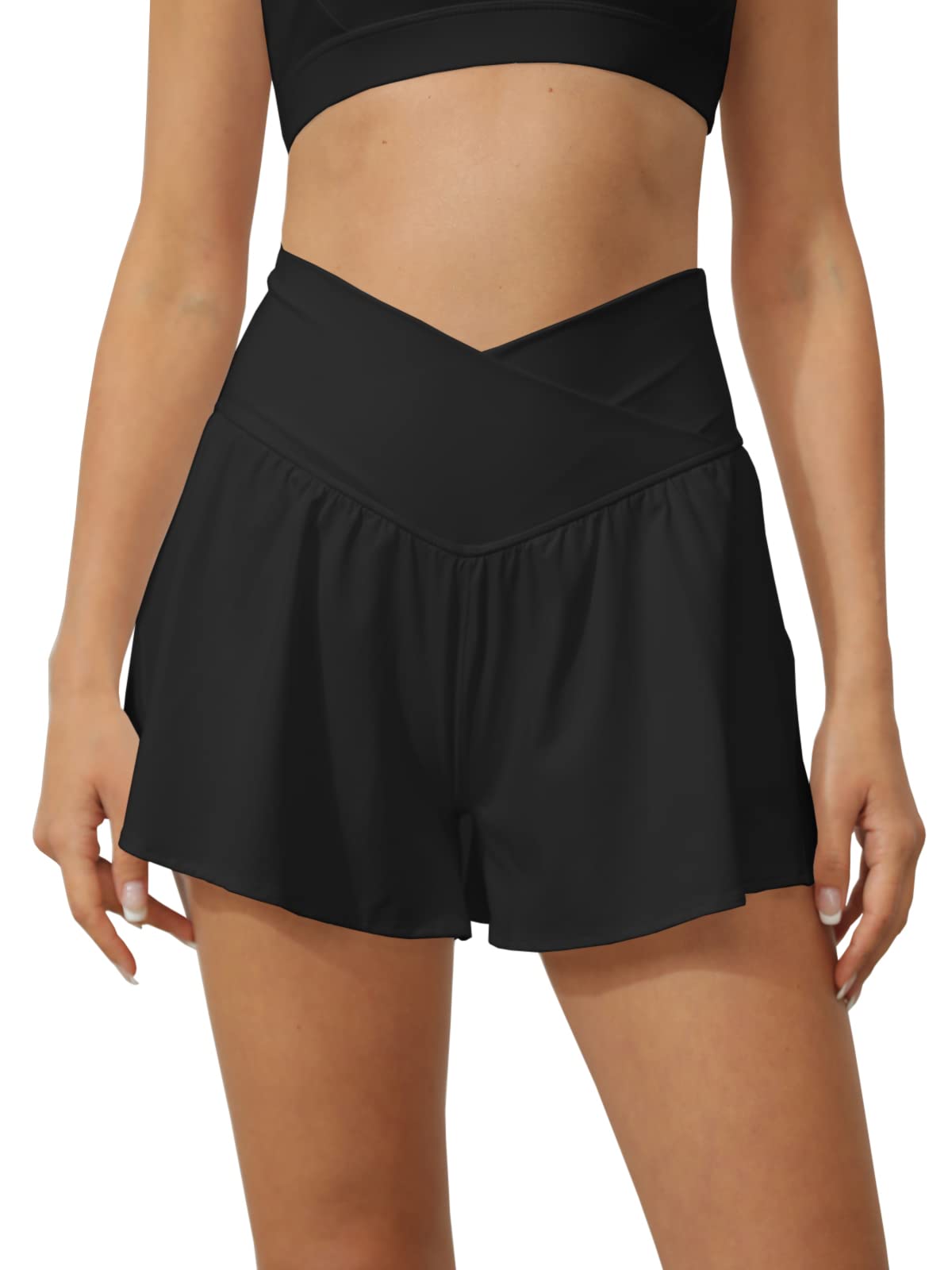 Tongmingyun Women Crossover Shorts Flowy Athletic Butterfly 2 in 1 Shorts with Pocket High Waist Running Workout Skorts Black