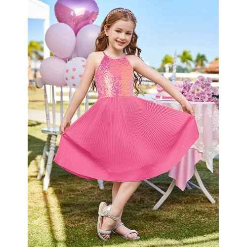 GRACE KARIN Girls Sequin Dress Christmas Party Dance Formal Birthday Fancy Sparkly Halter Chiffon Dresses Size 5-14