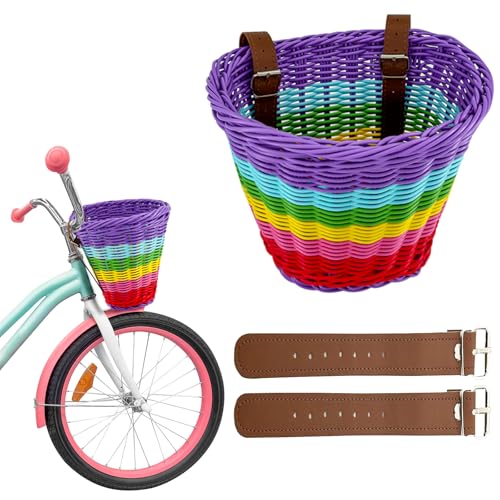 Purple Kids Bike Basket Front Handwoven Rainbow Wicker for Girls with Adjustable Leather Straps