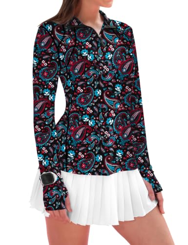 IECCP Long Sleeve Sun Protection Shirt for Women UPF 50+ with 1/4 Zip - Medium Black Boho