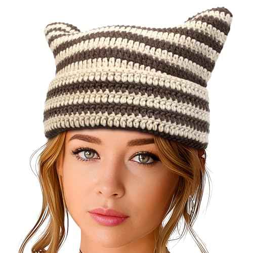 Y2K Beanie for Women Crochet Hat with Cat Ear Cute Fox Hat Vintage Grunge Accessories Knit Cap Slouchy Beanie