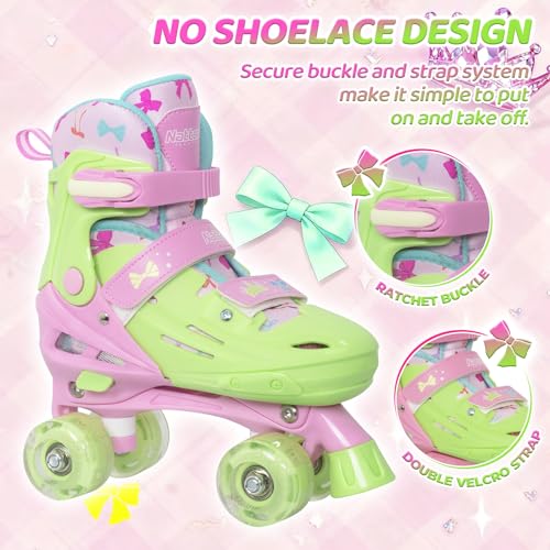Kids Adjustable Roller Skates with Light-Up Wheels - Green, Medium (13C-3), Princess & Tie-Dye, Indoor Outdoor, Birthday Gift