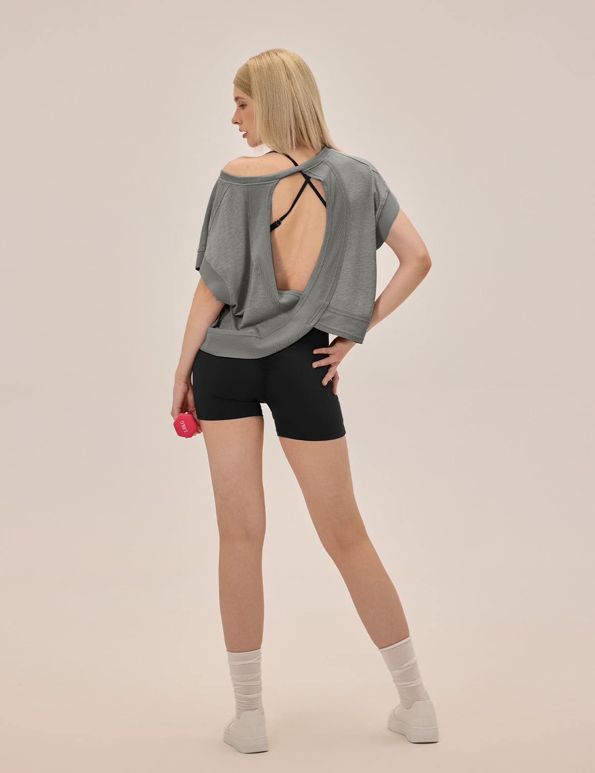 UNIANKIYA Open Back Workout Tops for Women Loose Fit Athletic Crop Tee Short Sleeve Gym Running Yoga Shirt Grey