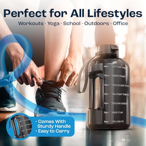 AQUAFIT Half Gallon Water Bottle with Motivational Quotes, Gray, 64 oz