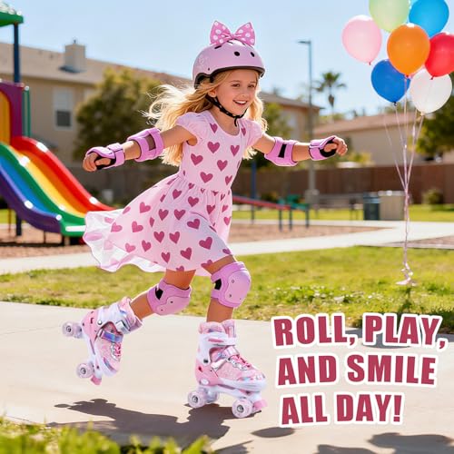 Pink Adjustable Kids Roller Skates for Girls Boys Toddlers Teens Youth - Small (10C-13C)