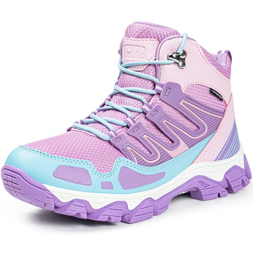 Kids Waterproof Hiking Boots - Purple, Anti-Slip Sole, Ankle Support, Size 5 Big Kid