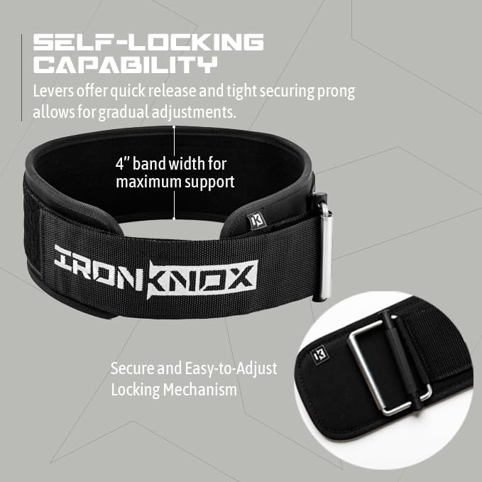 IronKnox Premium Weight Lifting Belt, 4 Inch Weight Belt for Men and Women with Self Locking Metal Buckle for Maximum Support, Weightlifting Belt for Squat or Deadlift, Durable Gym Belt for Men (Black, Large)