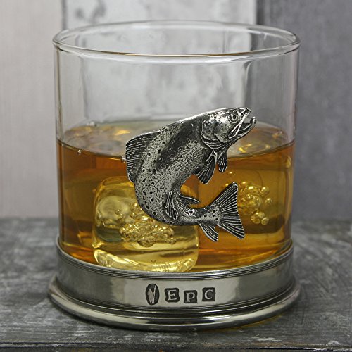 Old Fashioned Whisky Glass with Pewter Trout Badge – 11oz Rum Rocks Glass