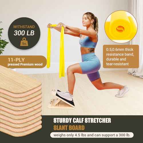 Wooden Slant Board for Calf Stretching, Portable Adjustable Calf Stretch Board with Training Poster & Resistance Bands, 300lb Weight Capacity Calf Ankle Achilles Physical Therapy Leg Exercisers