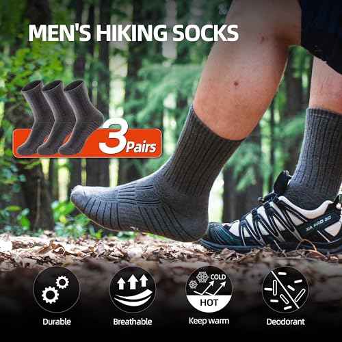 RUNCL Men's Hiking Socks, Merino Wool Cushion Socks, Moisture & Wicking Crew Socks for Outdoor Sports, Xmas Gifts (3 Pairs)