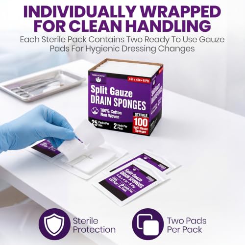 100 Pack Sterile Split Gauze Sponges 4x4 for IVs, Catheters, Tracheostomy, G Tubes